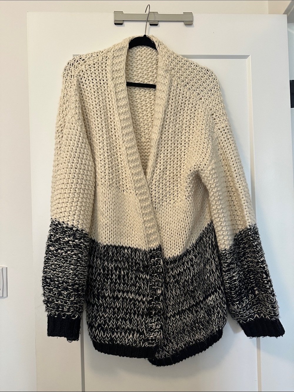 Chunky Open-Front Cardigan Sweater - Cream and Black
